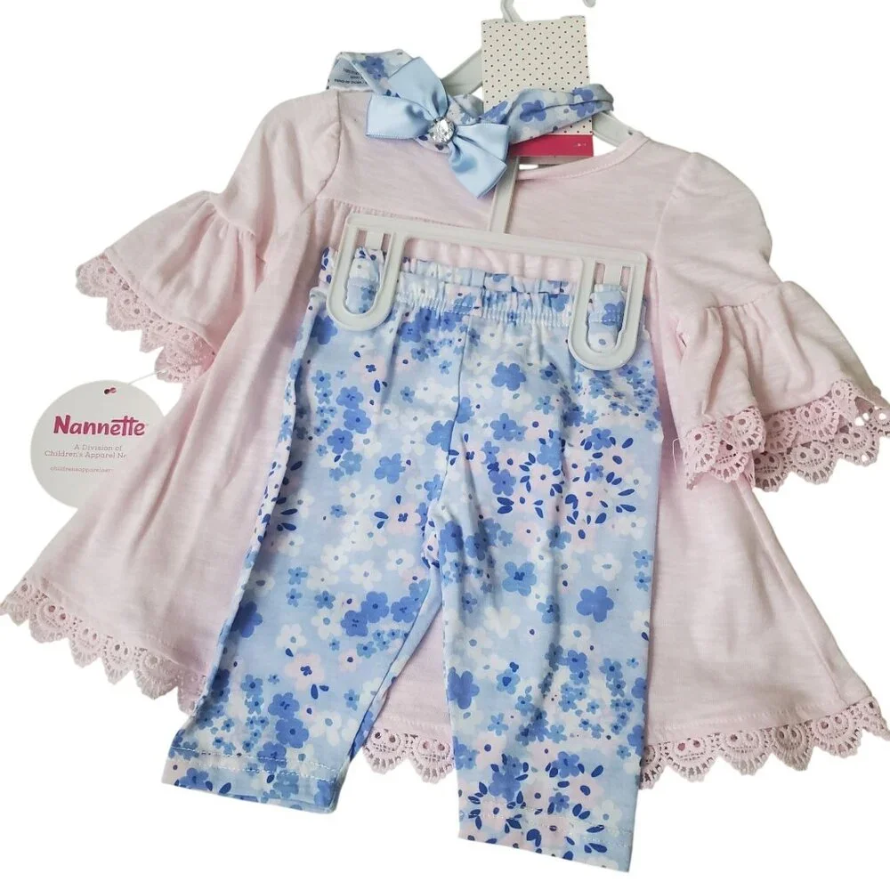 Nannette Kids 12 Months baby girl set Pink blouse & blue,floral blue legging new